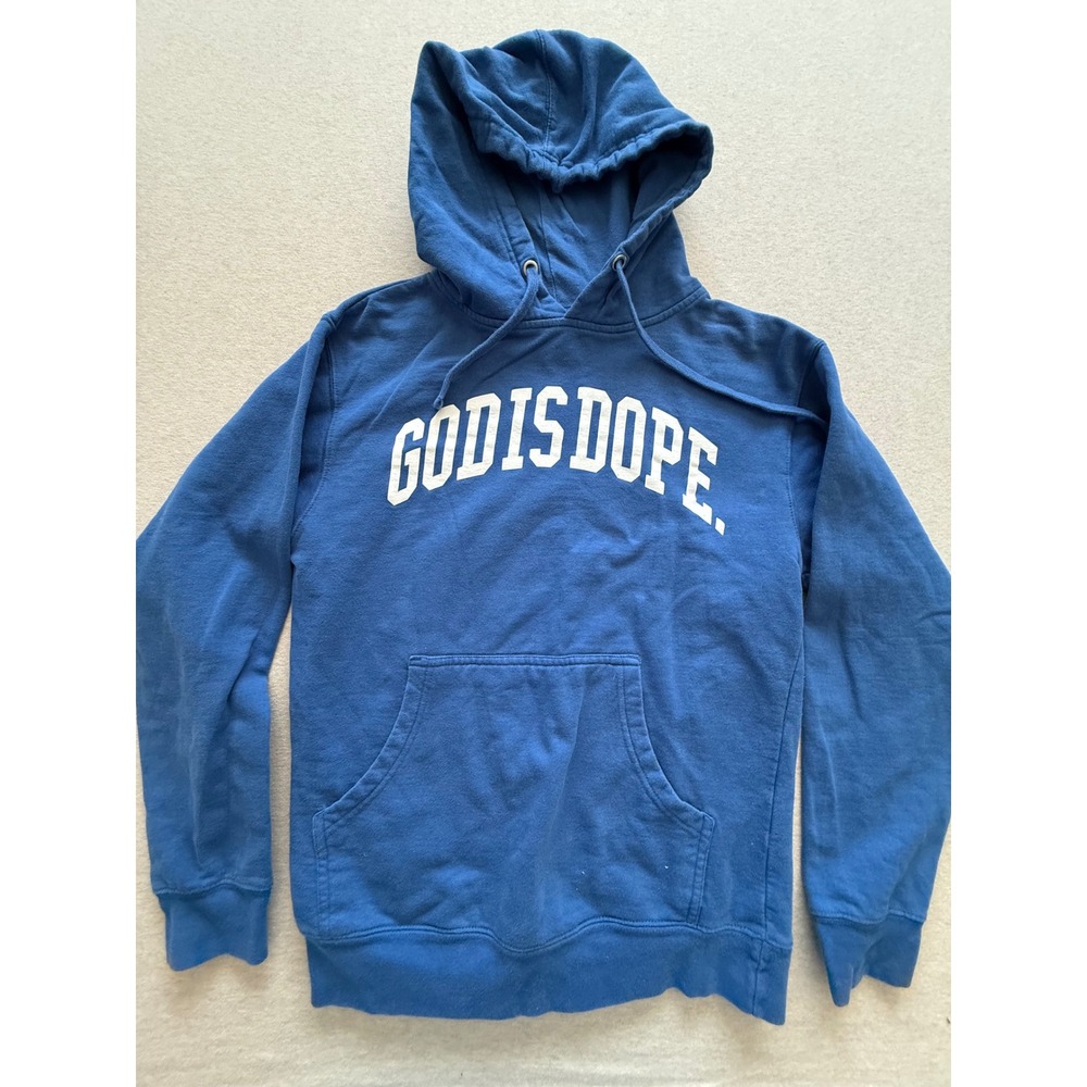 God Is Dope Hoodie Mens Small Blue Graphic Pullover Sweatshirt Streetwear
